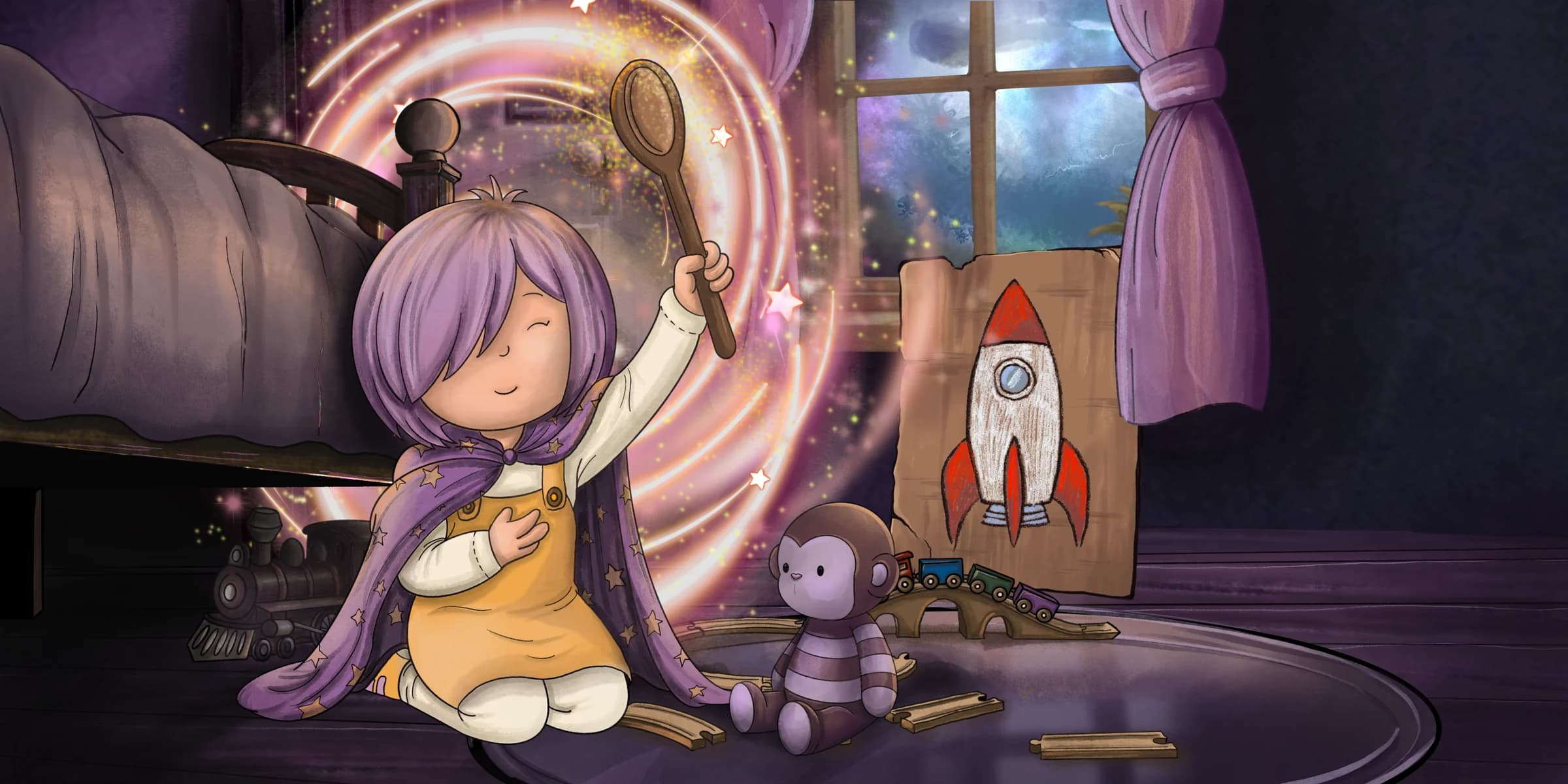 Flo turns a wooden spoon into a magic wand as a glowing portal opens in the bedroom