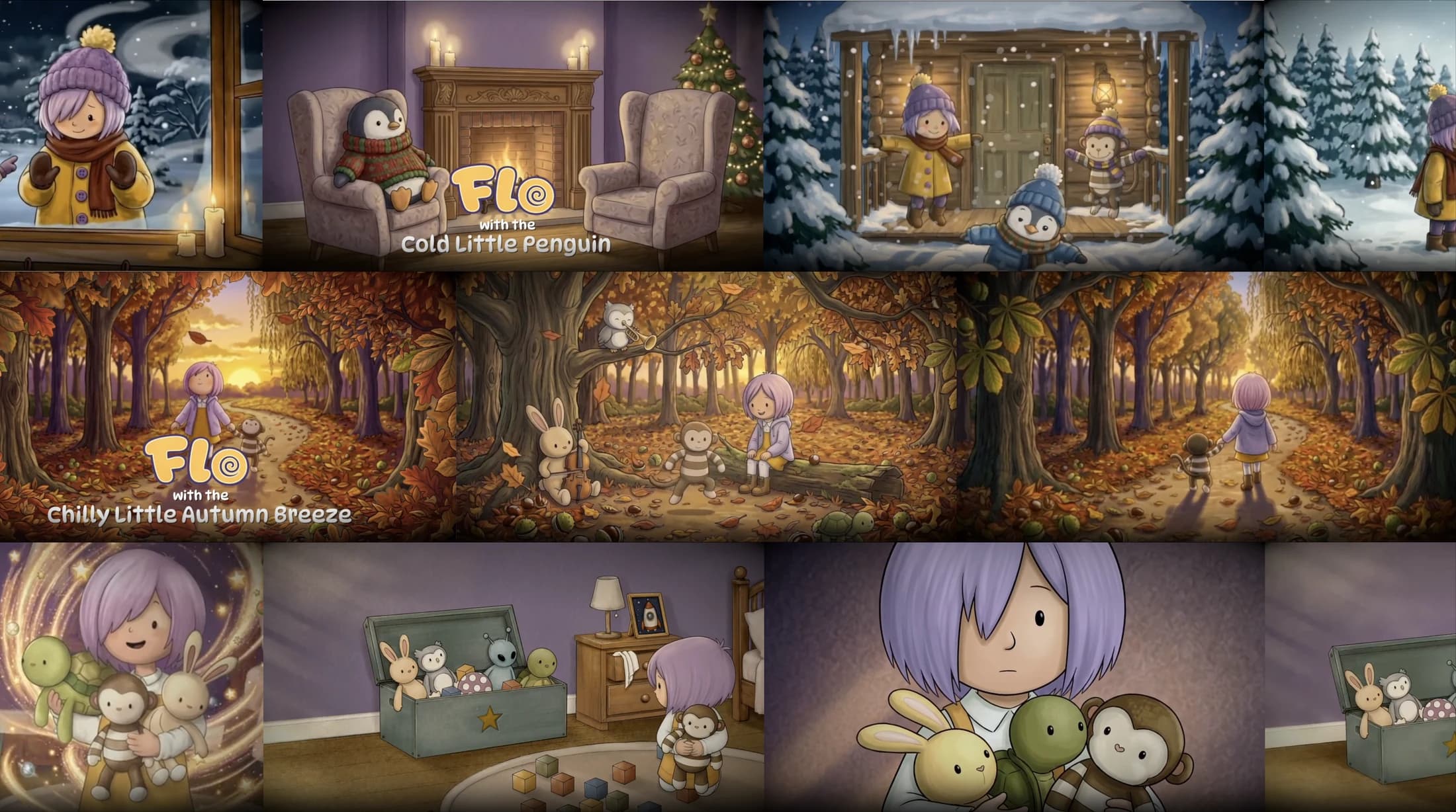 Scenes from Flo’s adventures with the Cold Little Penguin, the Chilly Little Autumn Breeze, and friends at home