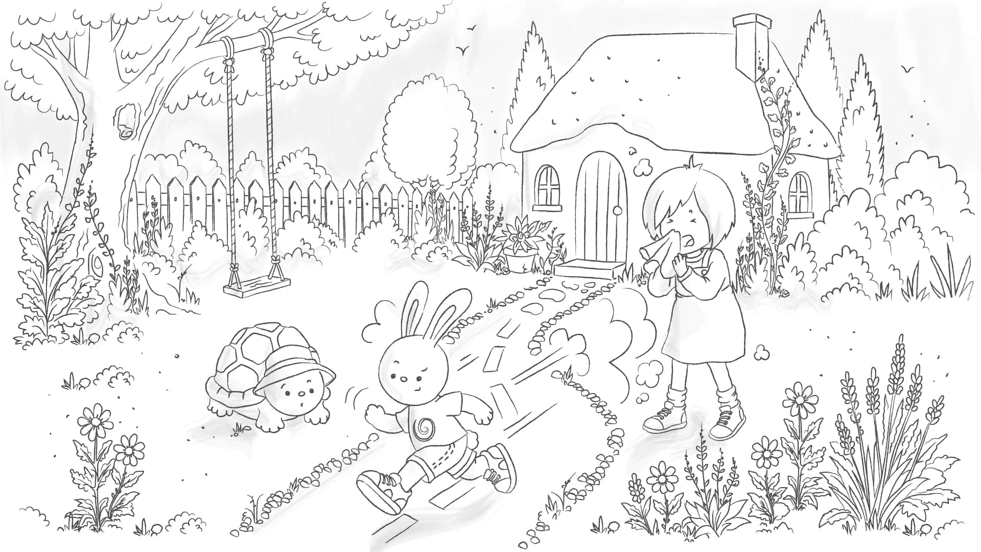 Original pencil storyboard: the bedroom becomes a garden adventure with Flo’s friends